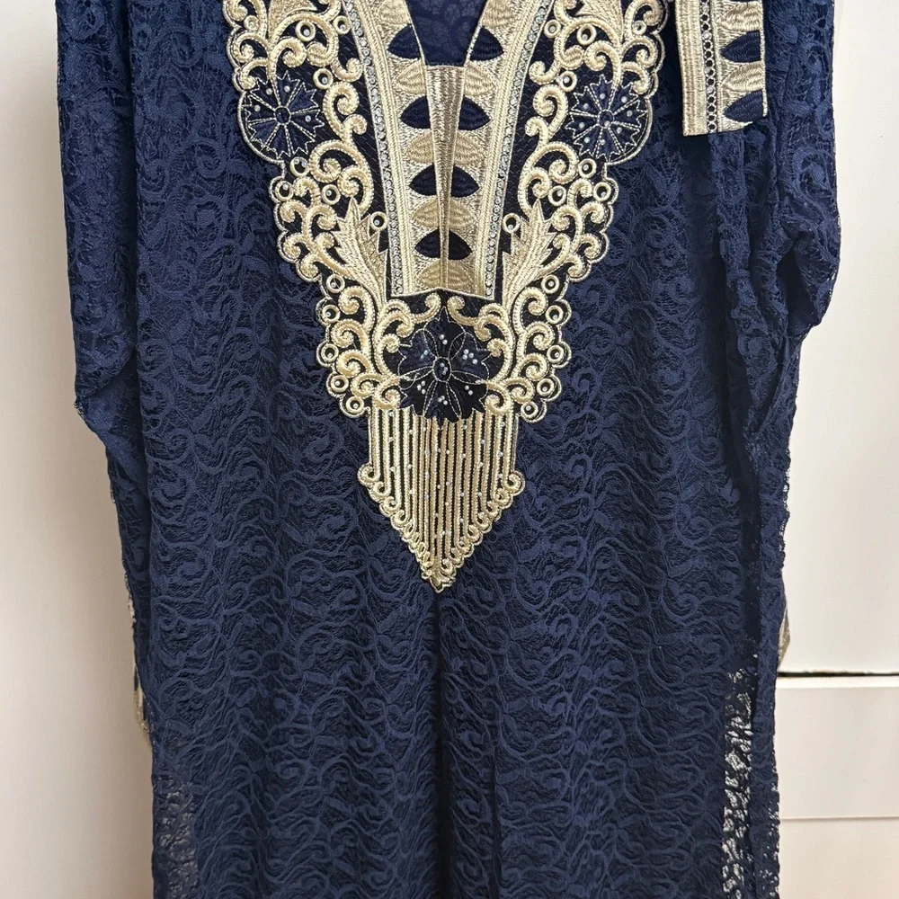 Arabian Embroidered Navy Dress with Gold Accents with belt fits L/XL with Stretc - Picture 11 of 11